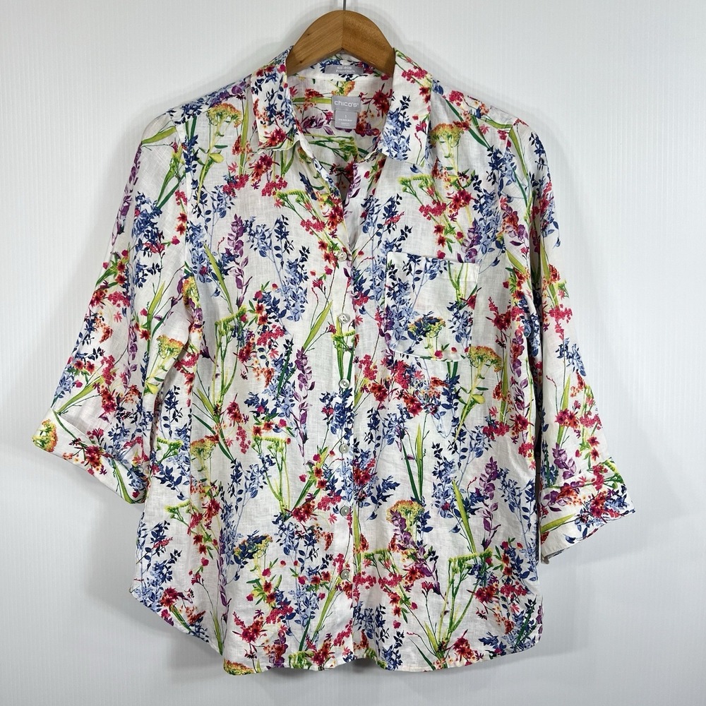 Chico's Floral Linen Shirt Size 1 M Spring Garden Grandma Core No Iron Button Up